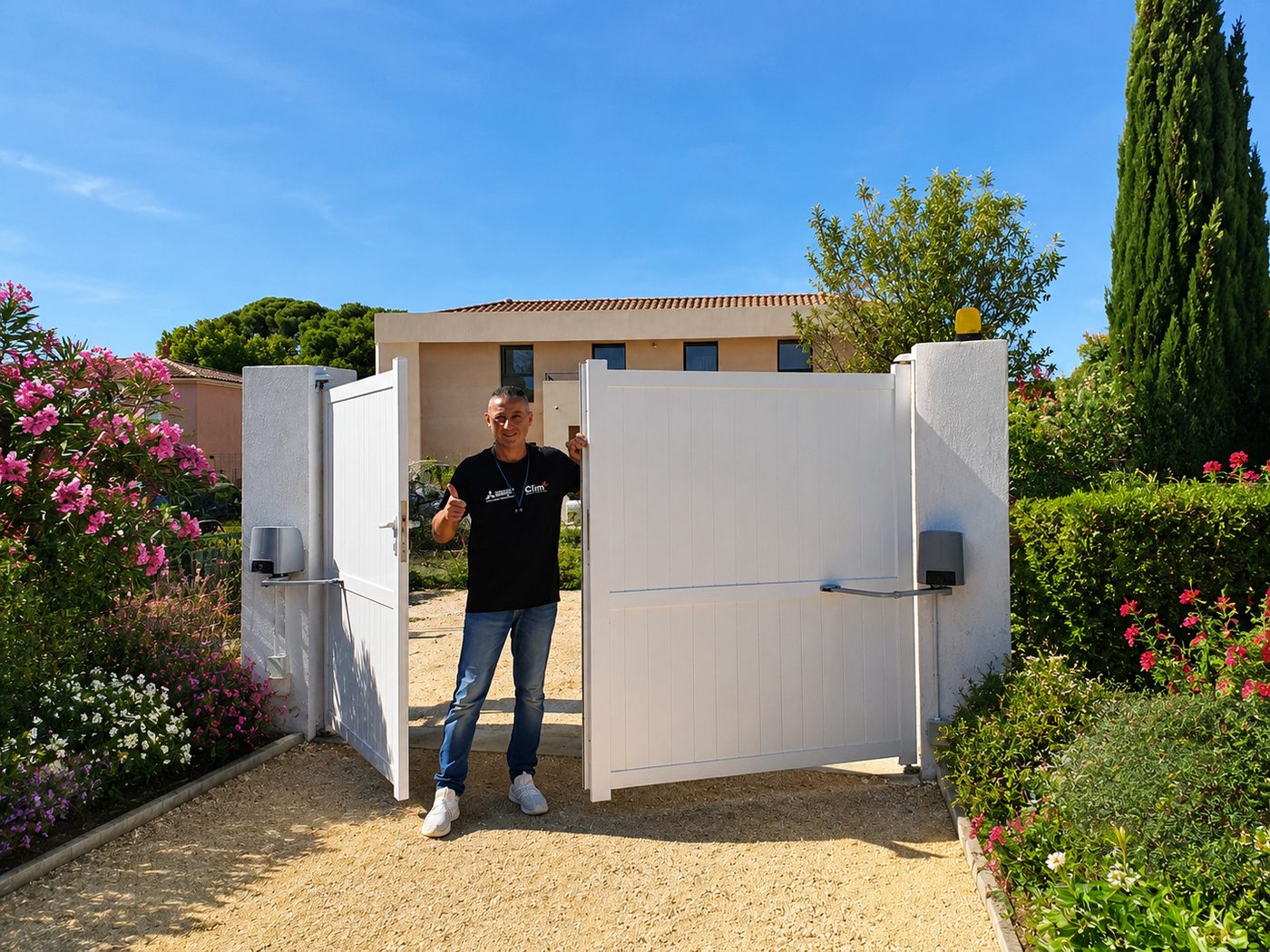 Technicien CLIM ELEC AUTOMATISME devant portail automatique